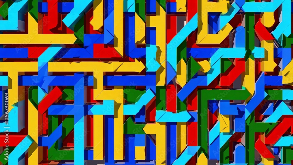 Poster interlocking geometric shapes in vibrant colors form a visually captivating abstract pattern, creati