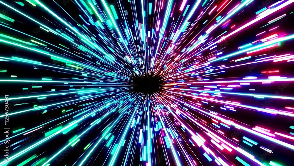 Poster vivid neon light streaks are converging at high speed into a central black hole, creating a mesmeriz