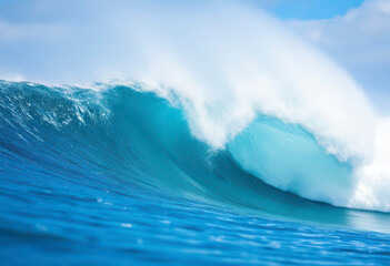 A massive wave at Teahupoo creates stunning blue water and frothy spray, captivating surfers eagerly waiting for the perfect ride at sunset.