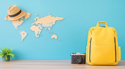 Vibrant yellow backpack and vintage camera against a blue wall with a world map and hat