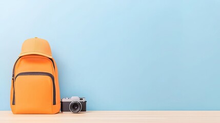 Vibrant orange backpack and vintage camera on a wooden table against a pastel blue background
