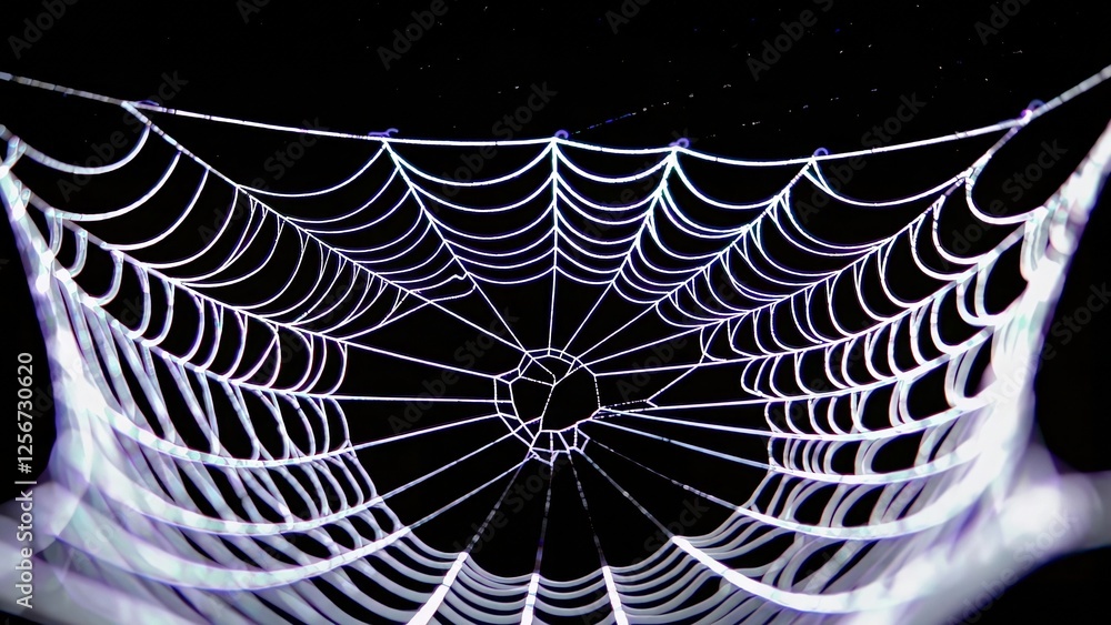 Poster luminous spider web creates a mesmerizing pattern against a dark backdrop, its delicate threads glow