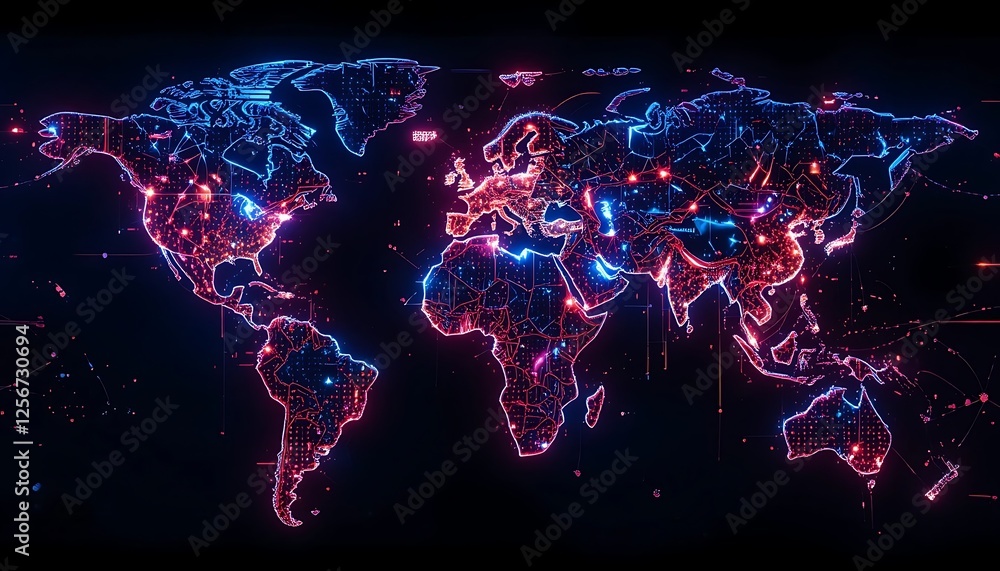 Aufkleber world map digital network with glowing nodes and connections illustrating connectivity