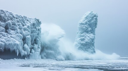 Frozen ocean waves crashing against icy cliffs