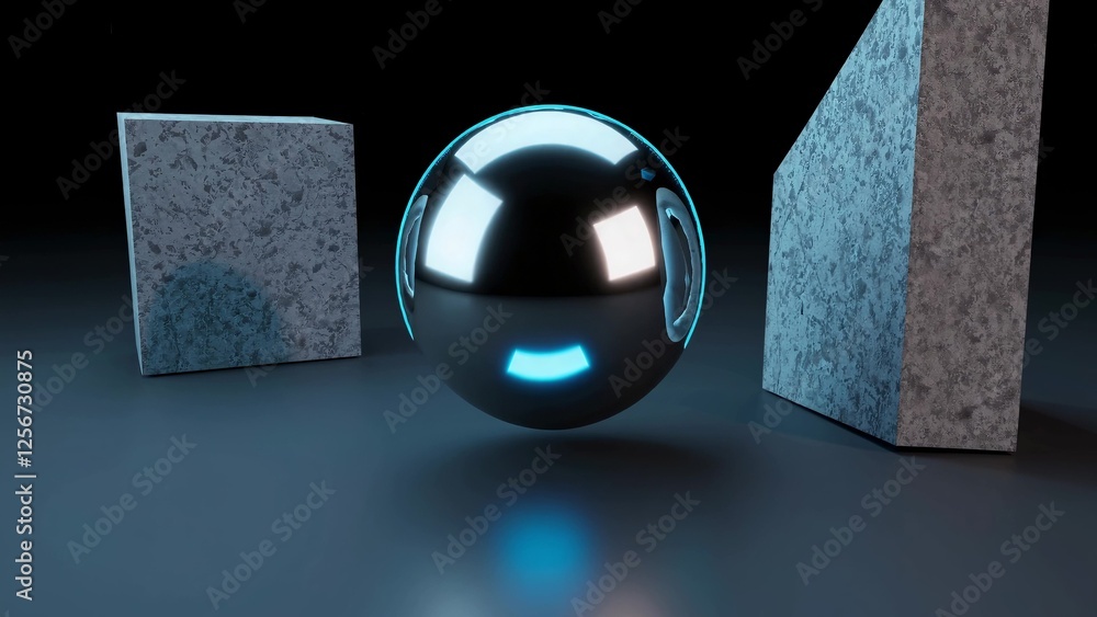 Poster metallic sphere with glowing blue neon lights hovering between two concrete blocks in a dark empty r