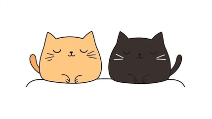 Two cartoon cats, one orange and one black, peacefully resting side by side on a soft surface