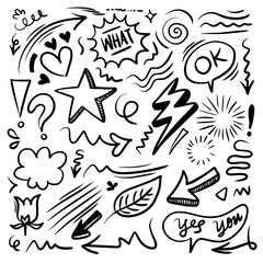 Hand drawn doodle design elements. flower, Arrow, heart, leaves, star, sparkle decoration symbol set icon.