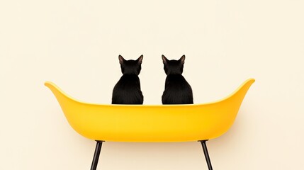 Two black cats sitting together in a bright yellow bathtub against a minimalist background