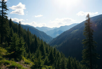 Fototapeta premium Sunny summer day reveals stunning mountain landscape filled with lush coniferous trees and vibrant green slopes, perfect for exploration.