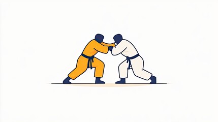 Two martial artists in contrasting uniforms engage in a dynamic grappling match on a plain backdrop