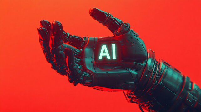 Futuristic robotic hand holding AI glowing logo cyberpunk digital art neon lights artificial intelligence sci-fi innovation advanced technology futuristic cybernetics robotic design concept advert