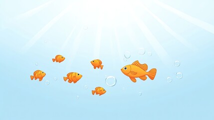 Colorful orange fish swimming in clear water with bubbles and sunlight shining above