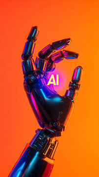 Futuristic robotic hand holding AI glowing logo cyberpunk digital art neon lights artificial intelligence sci-fi innovation advanced technology futuristic cybernetics robotic design concept advert