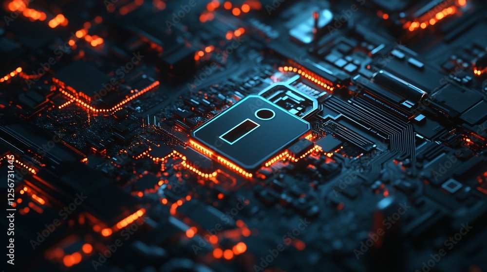 Poster close-up of a circuit board with a glowing padlock and information symbol.