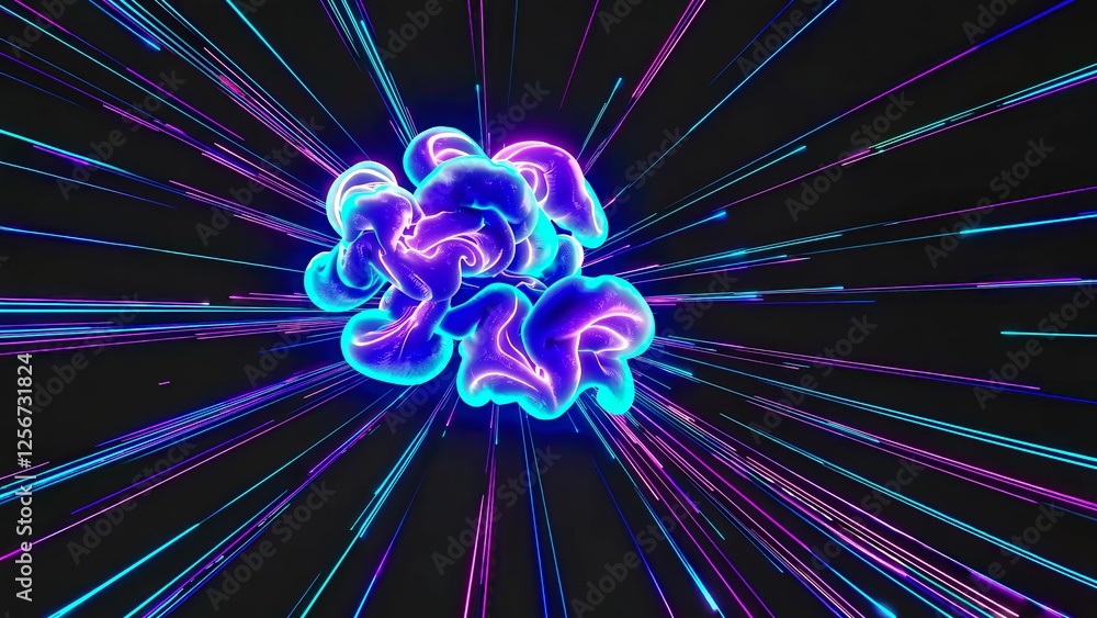 Poster bright neon fluids expanding and generating vibrant light trails against a dark background, creating