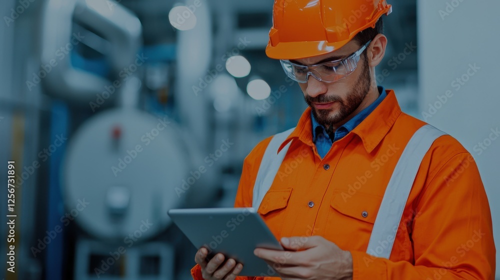Poster refinery engineer inspecting facility with tablet device for optimization and efficiency