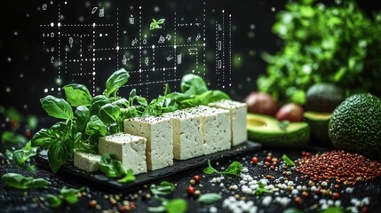 Fresh tofu garnished with herbs on a dark background, surrounded by vegetables and digital elements