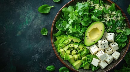 Fresh green salad with avocado, feta cheese, and quinoa in a rustic bowl on a dark surface