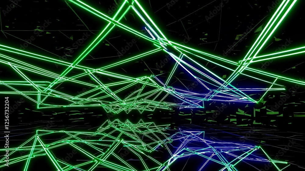 Poster green and blue neon lights are intersecting, creating complex geometric shapes, illuminating a dark 