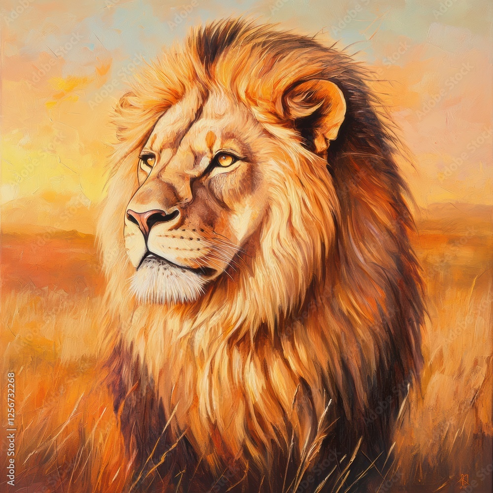 Aufkleber regal lion portrait with glowing golden mane illuminated by sunset light, ideal for text overlay bac