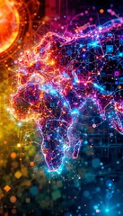 Digital World Map with Glowing Network Connections and Vibrant Colors