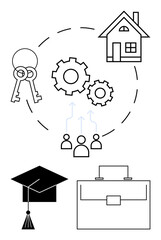 Keys, gears, house, graduation cap, briefcase, and figures connected by arrows emphasizing career progression. Ideal for education, career planning, goals teamwork housing achievement abstract
