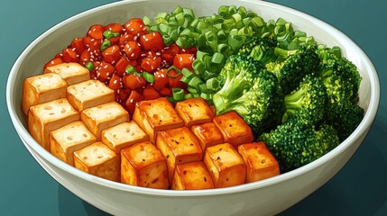 Colorful bowl of tofu, broccoli, and carrots with green onions, set against a simple background