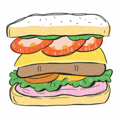 Illustration of a Large Sandwich with Layers, Ideal for Food, Café, and Menu Designs