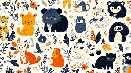 Adorable seamless pattern featuring diverse cute animals and floral elements on a creamy background.