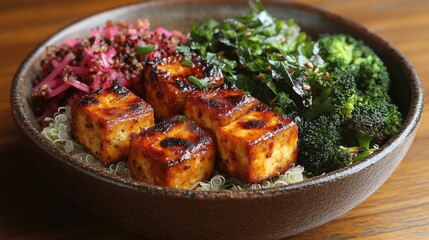 Grilled tofu bowl with colorful vegetables and quinoa, served in a rustic bowl on a wooden table