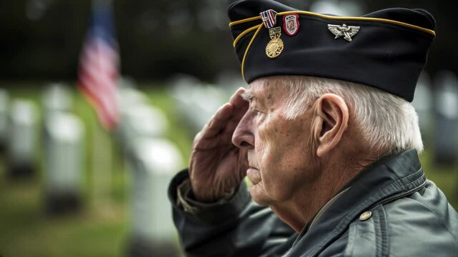 American Senior War Veteran saluting his fallen comrades graves at a cemetery