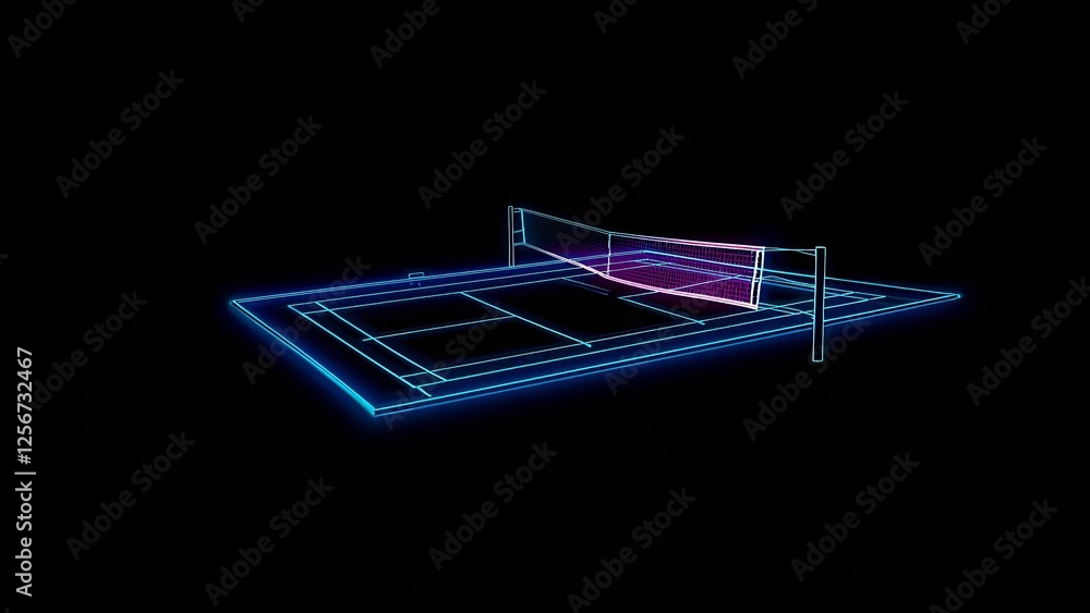 Poster glowing lines depict a badminton court with a net, creating a futuristic and vibrant representation 