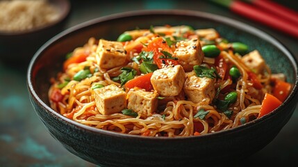 Colorful stir-fried noodles with tofu and vegetables served in a rustic bowl, garnished with herbs