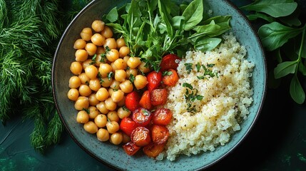 Vibrant bowl of chickpeas, roasted tomatoes, and quinoa served with fresh greens on a dark background