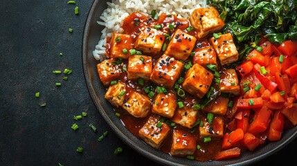 Delicious tofu stir-fry served on a dark plate with rice, vegetables, and garnishes