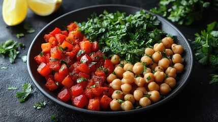 Freshly chopped vegetables and chickpeas arranged in a black bowl with herbs and lemon slices