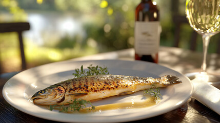 Grilled whole fish gourmet dish plating fresh herbs lemon butter sauce fine dining restaurant cuisine food photography Mediterranean seafood wine pairing luxurious meal rich flavor menu meal feast