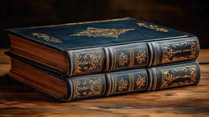 Antique leather-bound books stacked on a wooden table, showcasing intricate gold detailing