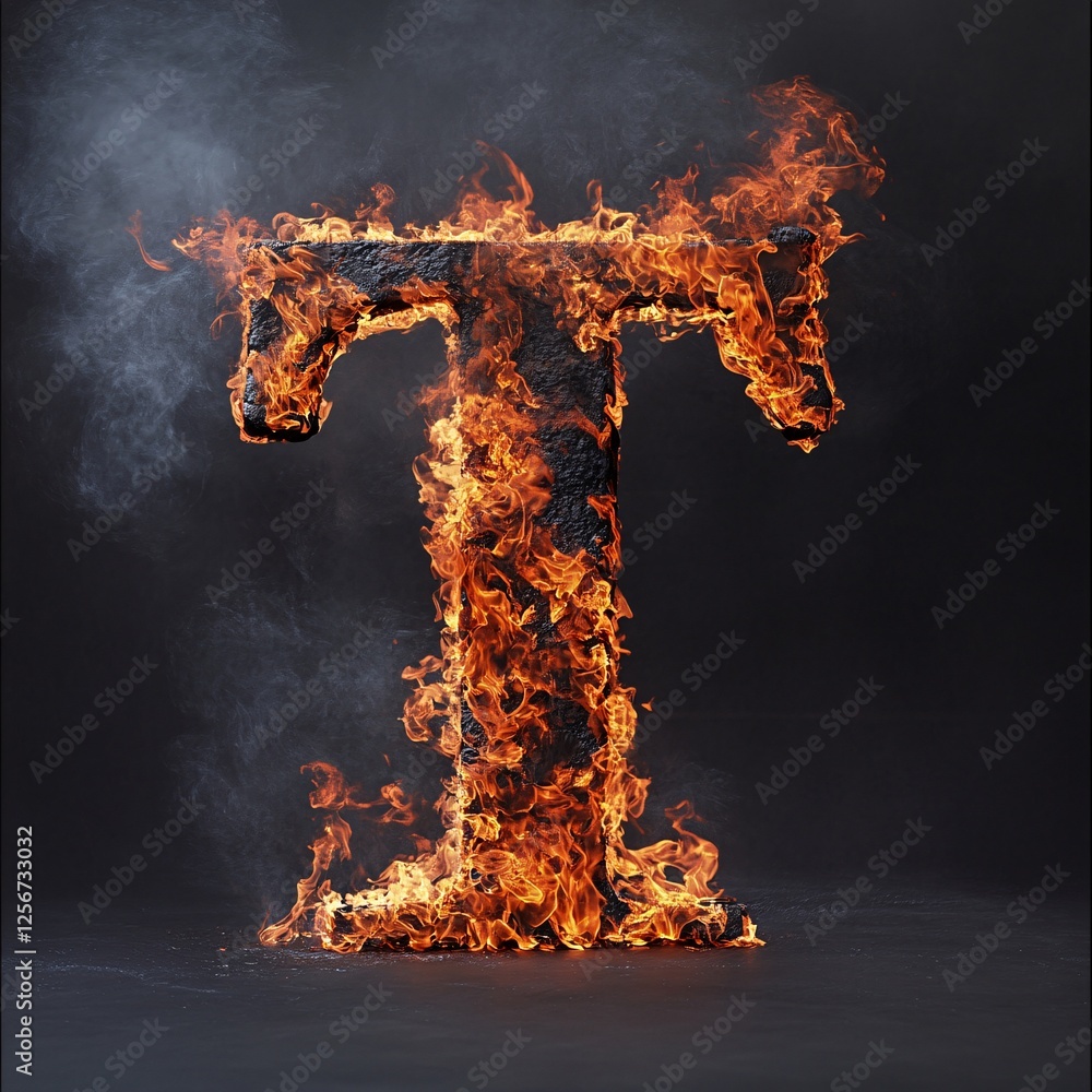 Poster 3d rendering of the letter t engulfed in flames and smoke, showcasing a powerful and dramatic visual