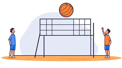 Two young men playing basketball over a net in a minimalistic indoor setting