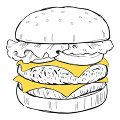Black and White Line Art of a Classic Cheeseburger with Layers of Ingredients