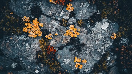 Close-up of colorful lichen and moss growing on grey rocks.