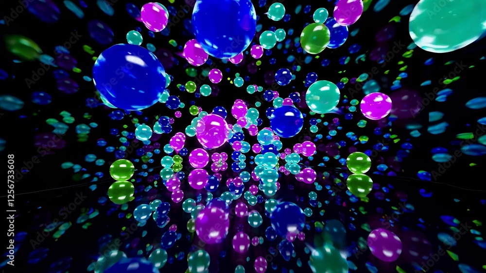 Poster colorful spheres floating in the air reflect brilliantly on a glossy black surface, creating a vibra
