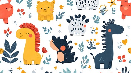 Obraz premium Cute animal seamless pattern with lion, giraffe, rhino, and flowers.