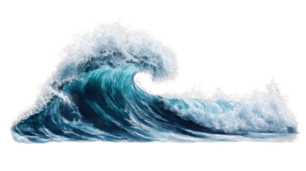 Big blue ocean wave breaking with foam and transparent background
