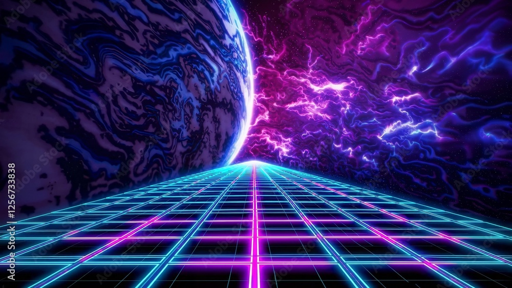 Poster glowing neon grid in a retro futuristic landscape expands towards a colorful planet and purple nebul