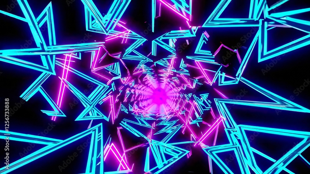Poster bright neon triangles in vibrant pink and blue hues form a mesmerizing tunnel, creating a futuristic