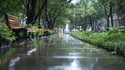 Fototapeta premium Rainy city park bench, wet pavement, trees, blurred background. Possible use Stock photo for city park, rain, nature, urban scenes