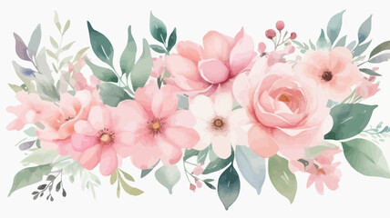 A delicate watercolor floral arrangement featuring soft pink and peach flowers with green leaves. Perfect for wedding invitations, greeting cards, and decor.
