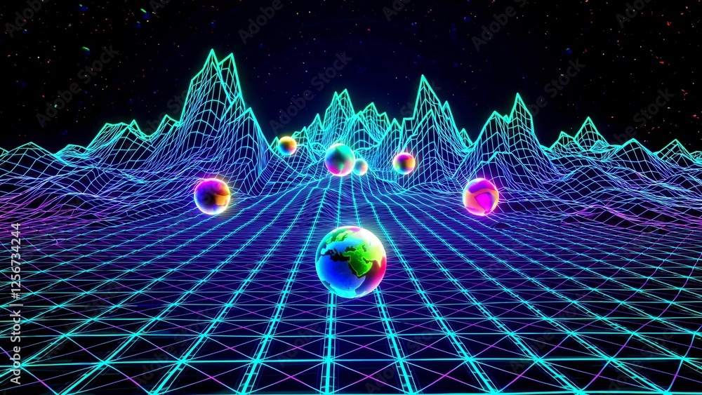 Poster retro neon grid landscape with floating spheres and mountains creating a vibrant and futuristic scen